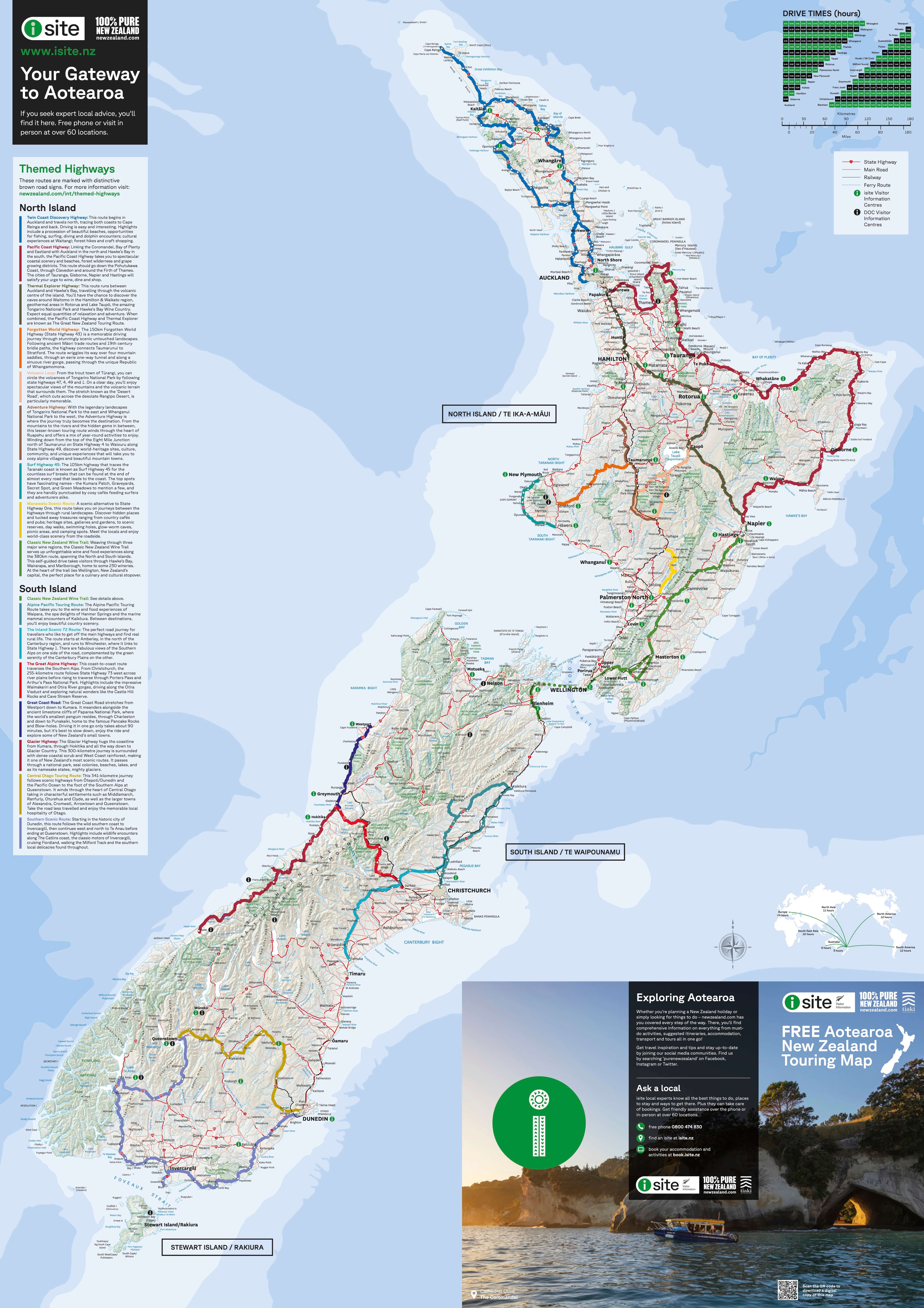 Carte routi&egrave;re de la Nouvelle-Z&eacute;lande avec routes d&rsquo;&Eacute;tat, ferries, itin&eacute;raires touristiques et temps de conduite