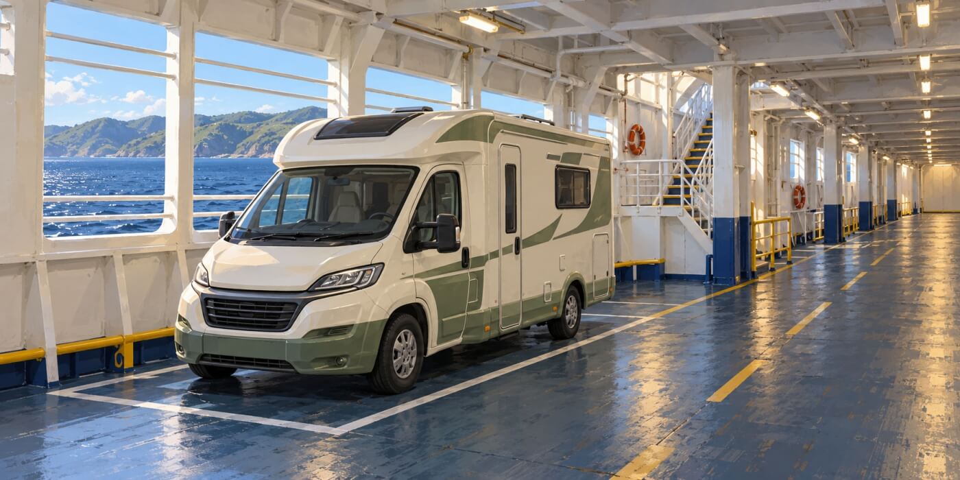 Camping-car stationné sur le pont des véhicules d’un ferry, avec la mer en arrière-plan.