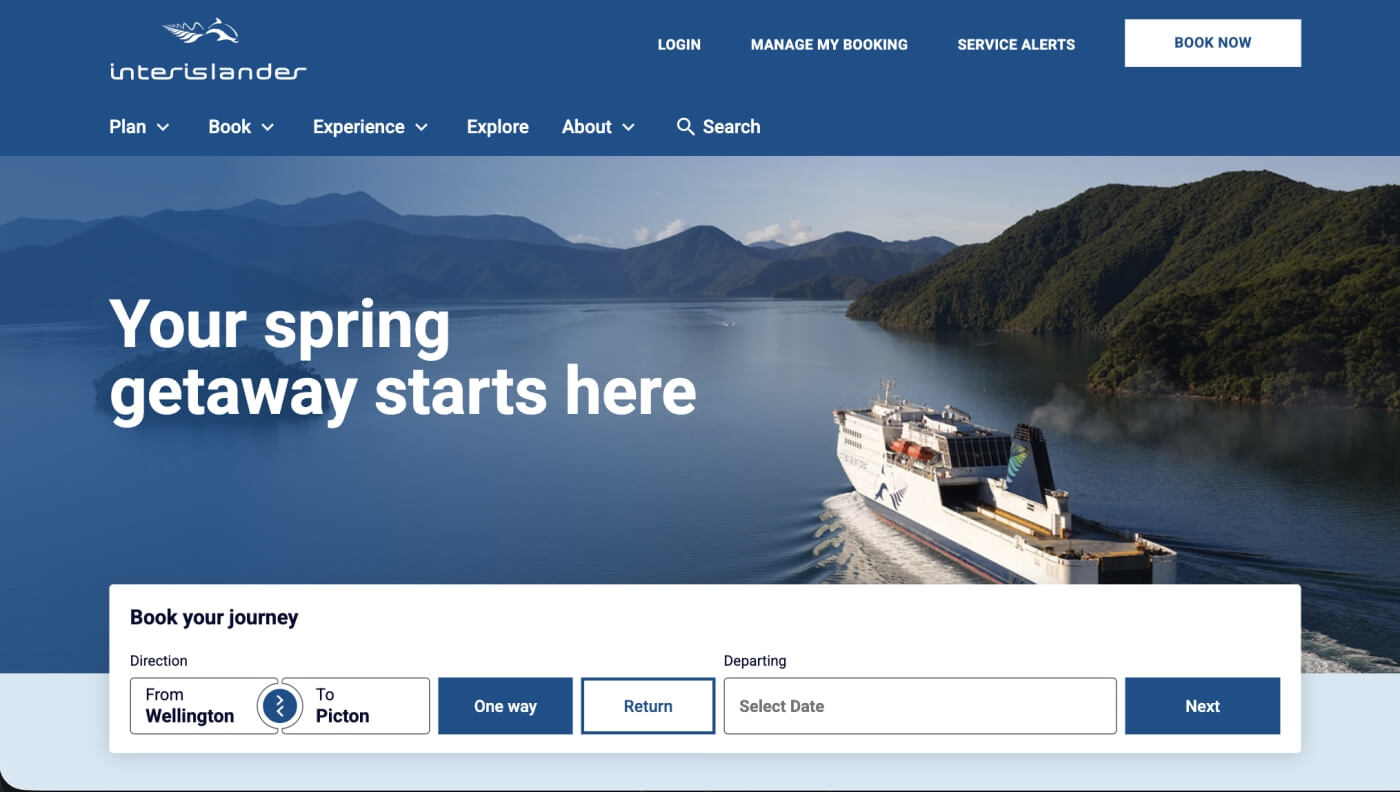 Site Interislander avec le formulaire de réservation de Wellington à Picton.