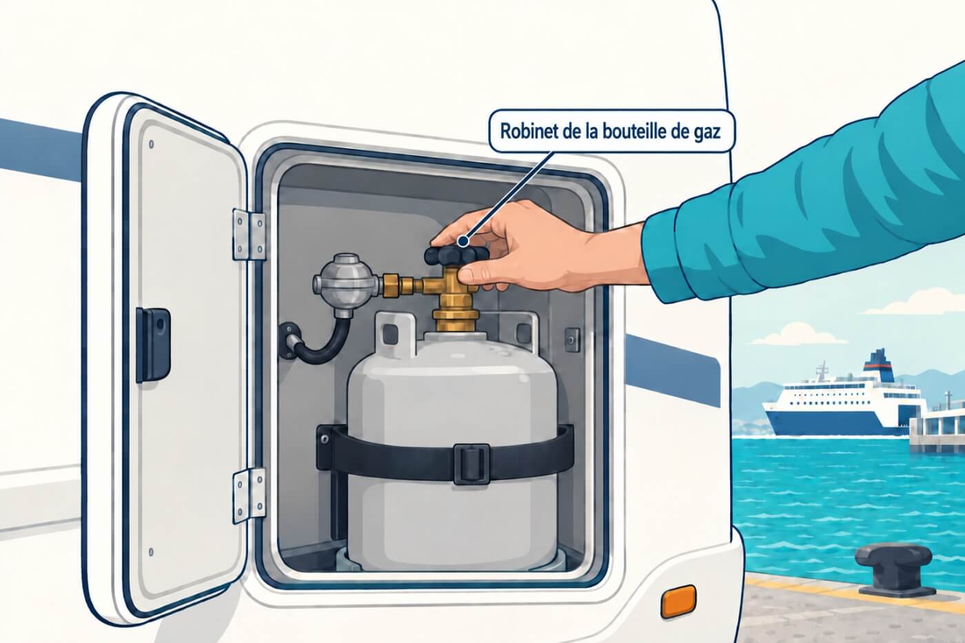 Une main sur le robinet d’une bouteille de gaz dans le coffre du véhicule.