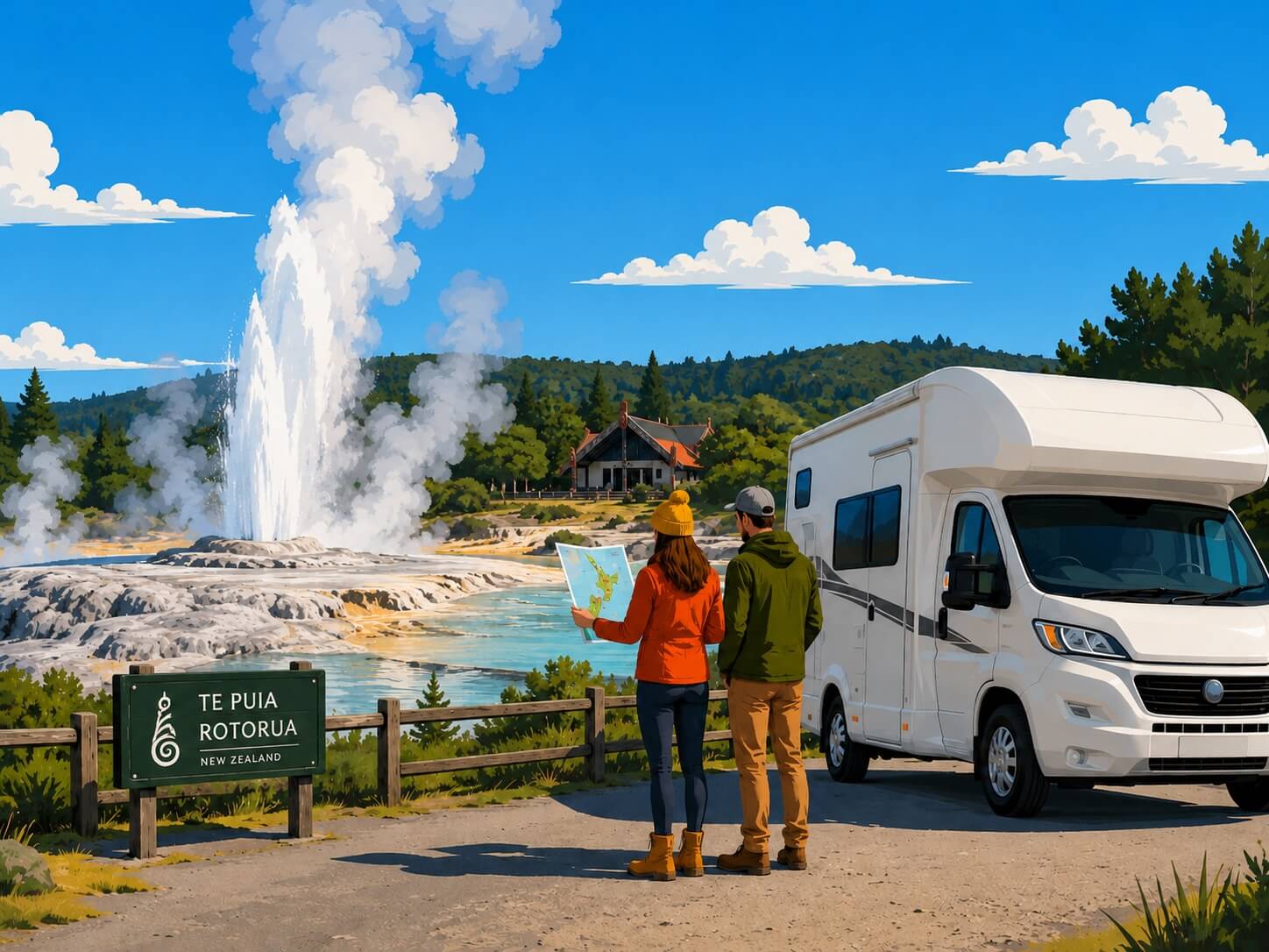 Voyageurs consultant une carte de la Nouvelle-Zélande près d’un camping-car à Te Puia, à Rotorua