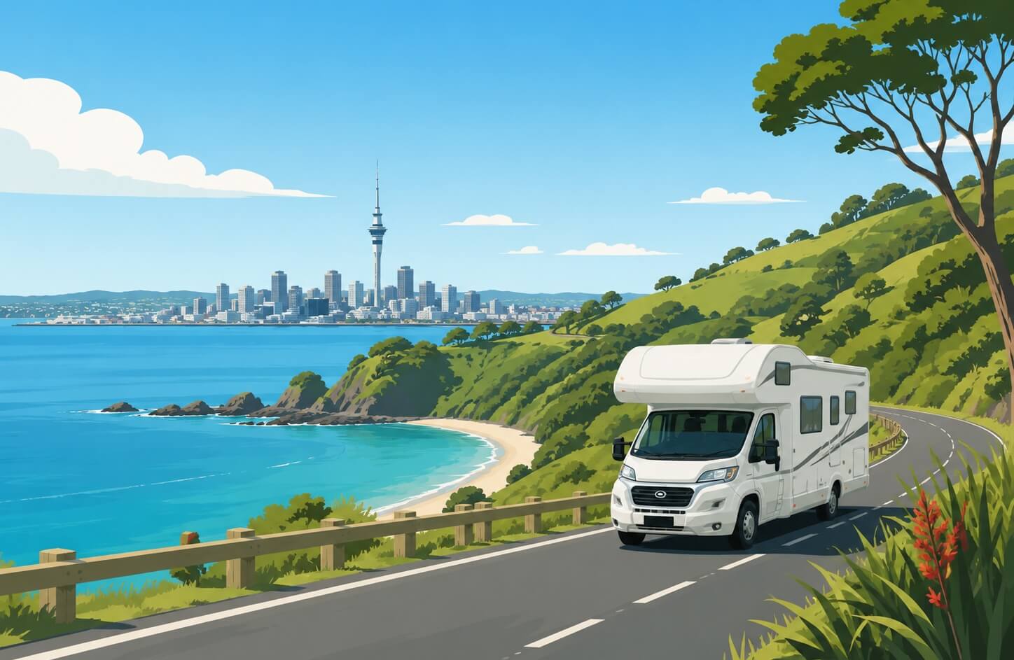 Camping-car longeant une route côtière avec vue sur la baie d’Auckland et la Sky Tower